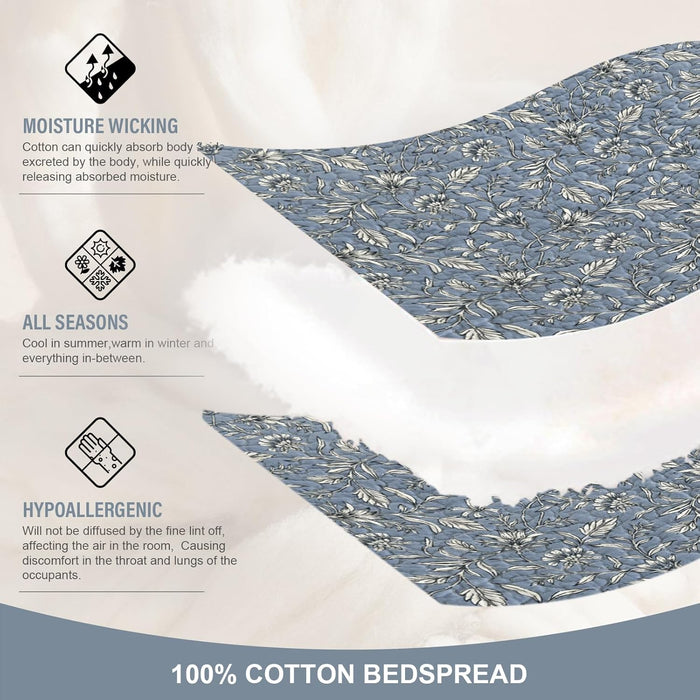 100% Cotton Oversized Quilt 120"x120", Extra Large King Bedspread, Farmhouse Botanical Bed Spreads Coverlet, Lightweight Quilted Bedding Cover, 3 Piece, Grayish Blue/Beige