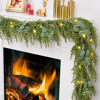 Waipfaru Christmas Norfolk Pine Garland with Lights，6FT Real Touch Pine Garland Christmas Decoration，Artificial Faux Cedar Garland for Christmas Table Fireplace Mentle Wall Home Decoration