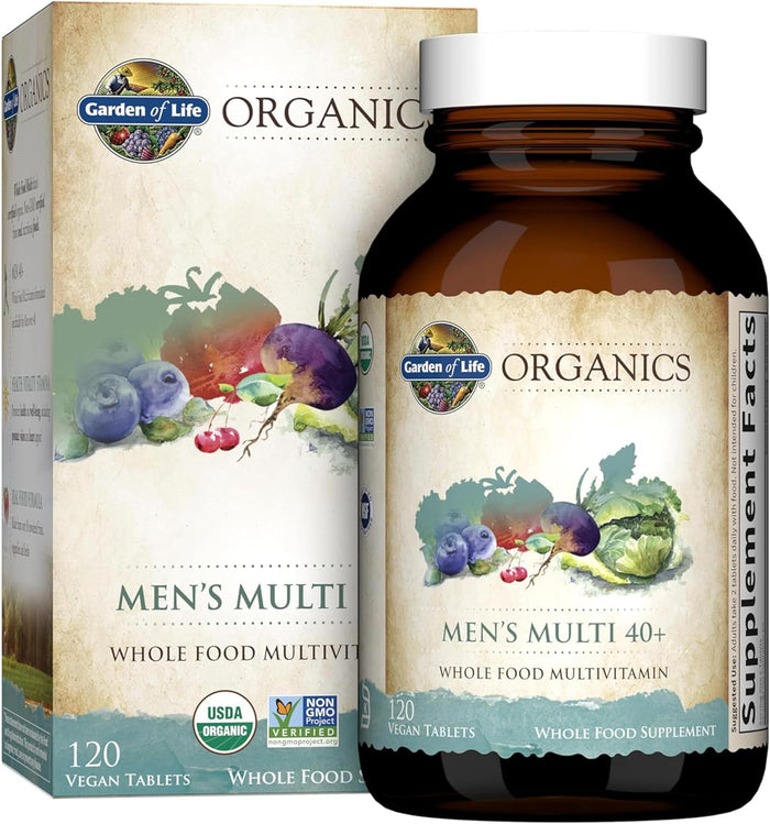 Garden of Life Organics Whole Food Multivitamin for Men 40+, Vegan Mens Multi for Health & Well-Being Certified & Minerals for Men Over 40 Mens Vitamins, 120 Tablets