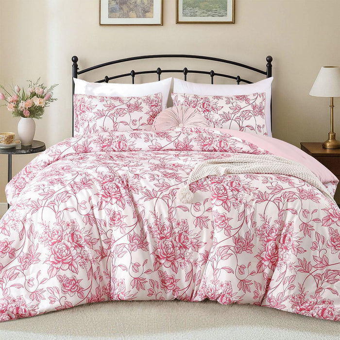 JANZAA Comforter Set Comforter Floral Bedding Sets Flowers Bed Comforter 1 Soft Reversible Botanical with 2 Pillow Shams (Pink, Queen)