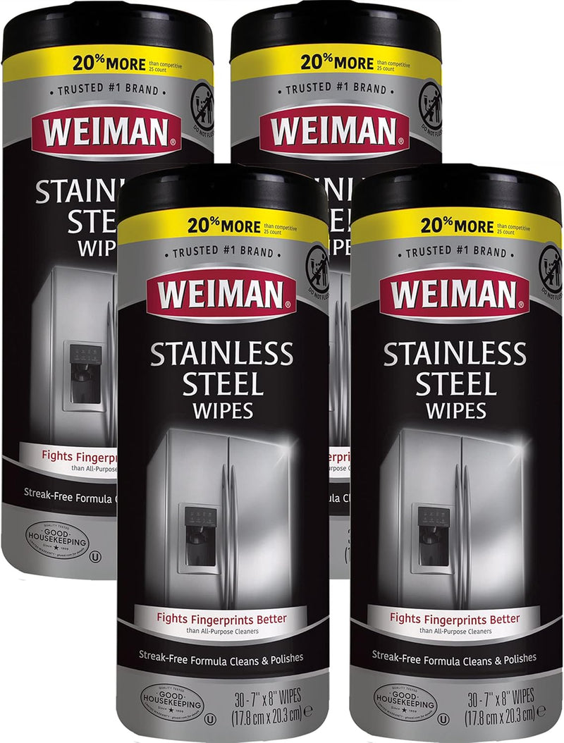 Weiman Stainless Steel Cleaner, 30 Count Cleaning Wipes, Removes Dirt, Grime, and Grease, No Streaks or Residue, Stainless Steel Polish for a Sparkling Clean and Shiny Surface, Cleaning Supplies
