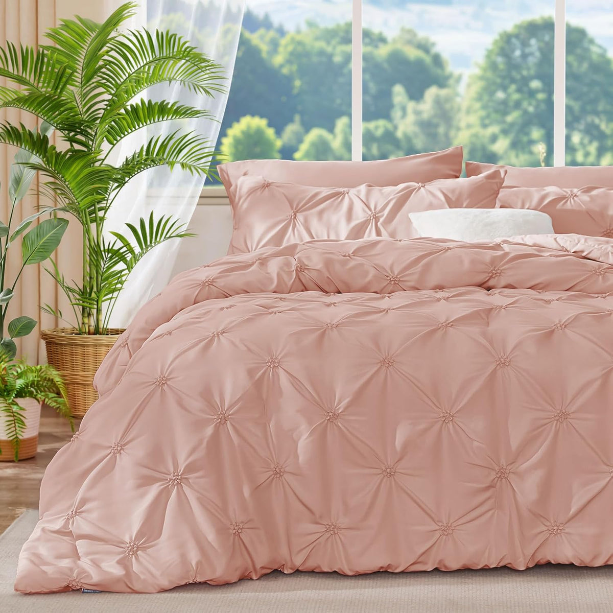 BEDELITE Pink Comforter Set Queen - 3 Pieces Boho Pintuck Bedding Comforter Sets, Lightweight Soft & Warm Bed Comforter Queen with 2 Pillowcases for All Season