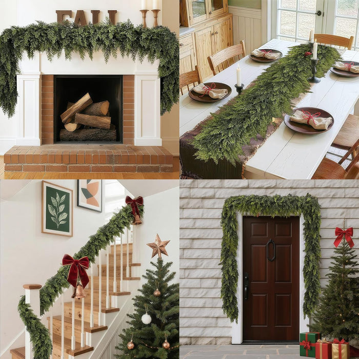 2 Pcs 9FT Christmas Garland, Christmas Decorations, Real Touch Cedar Garland, Artificial Cypress Garlands for Mantle Fireplace Door Table Wall Upstairs Indoor Outdoor Holiday Xmas Decor