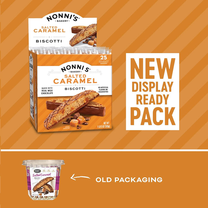 Nonni's Salted Caramel Milk Chocolate Biscotti Cookies — Individually Wrapped Italian Coffee Snack, Crunchy Twice-Baked, 90 Cal Each, 21 oz Carton