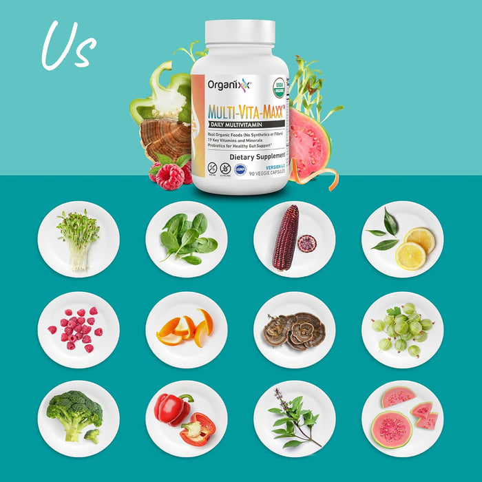 Organixx Vegan Multivitamin for Women & Men, with Vitamin C, D3, Vitamin B Complex, Probiotics, Organic Fruits and Vegetables, Supports Digestive, Gut Health, Immune Support, 90 Gel Capsules