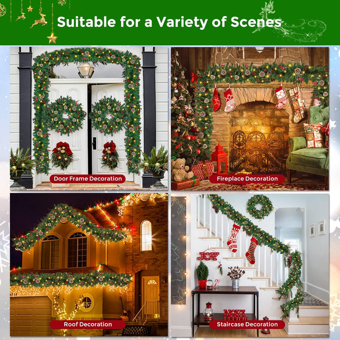 Christmas Garland, 12FT Prelit Christmas Garland with 100 LED Lights, Greenery Xmas Garland with 20 Pine Cones 90 Red Berry Christmas Decoration for Indoor Outdoor Home Mantel Fireplace