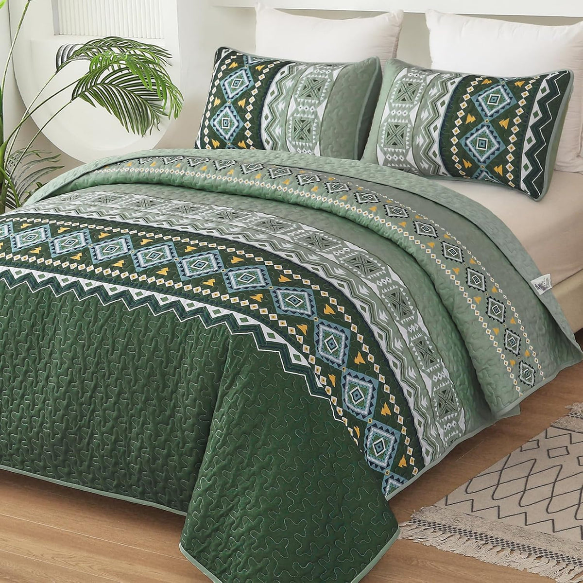 WONGS BEDDING 3 Pieces Quilt Set King Size, Burnt Orange/Rust Halloween Quilt Bedspread Fall Bohemian Coverlet Set with 2 Pillowcase, Soft Thanksgiving Bedding Set for All Season 104"×90"