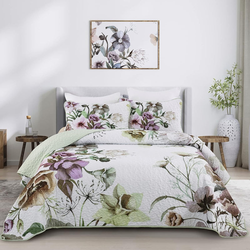 Floral Quilt Set King 3 Pieces Grey Floral Quilt Coverlet Set Soft Microfiber Lightweight White Quilted Bedspread for All Season 104"x90"