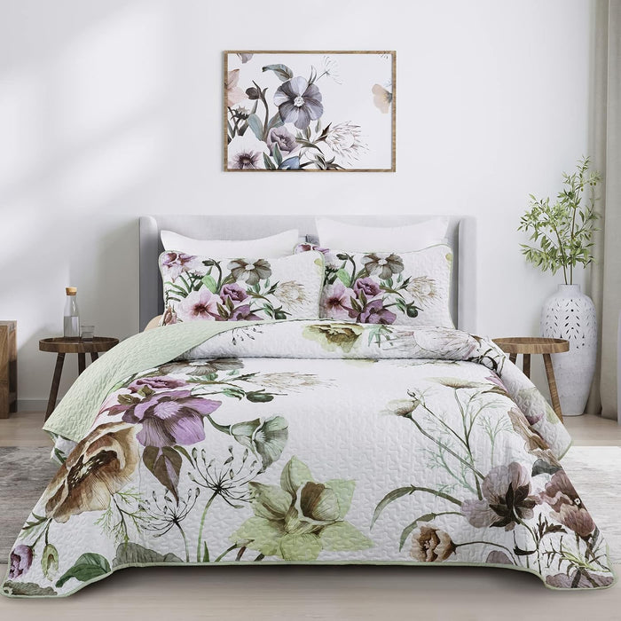 Floral Quilt Set King 3 Pieces Grey Floral Quilt Coverlet Set Soft Microfiber Lightweight White Quilted Bedspread for All Season 104"x90"