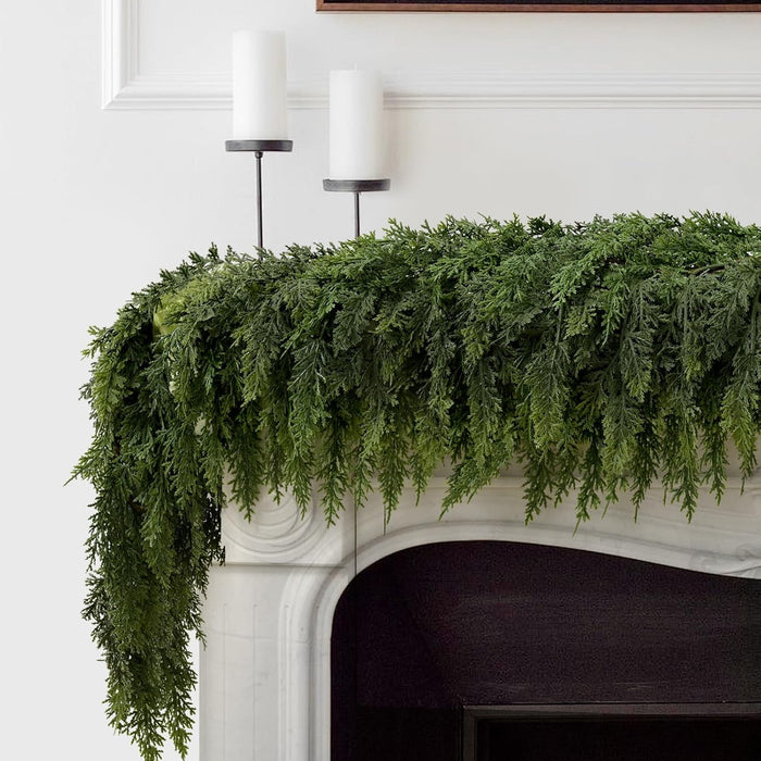 2PCS 9FT Pre-lit Christmas Cedar Garland with 100 Lights, Full 240 Pine Branches, Realistic Faux Garland Artificial Greenery for Fireplace Table Mantle Wall Indoor Outdoor Winter Holiday Decorations