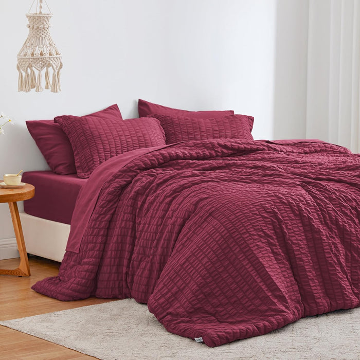 Love's cabin Seersucker Dark Grey Queen Comforter Set 7 Pieces, All Season Bedding Set, Queen Bed in a Bag Comforter Set with Comforter, Flat Sheet, Fitted Sheet, Pillowcase and Pillow Sham