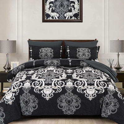 Mybedsoul King Size comforter set, 7 Pieces Boho Bed in a Bag for King Bed, Black Damask Comforter Set with Sheet, Pillowcases & Shams, Soft Microfiber Lightweight Bedding Set for All Season(90"x104")