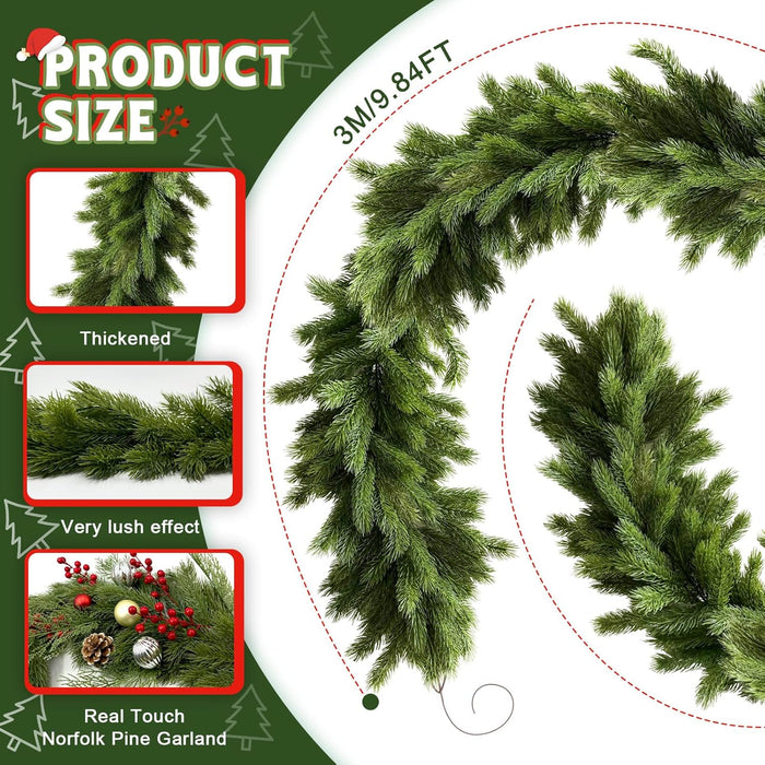 9.8Ft Christmas Norfolk Pine Garland,Cedar Garland Realistic,Pine Garlands for Mantle, Table,Stair Handrail,Indoor, Outdoor Christmas