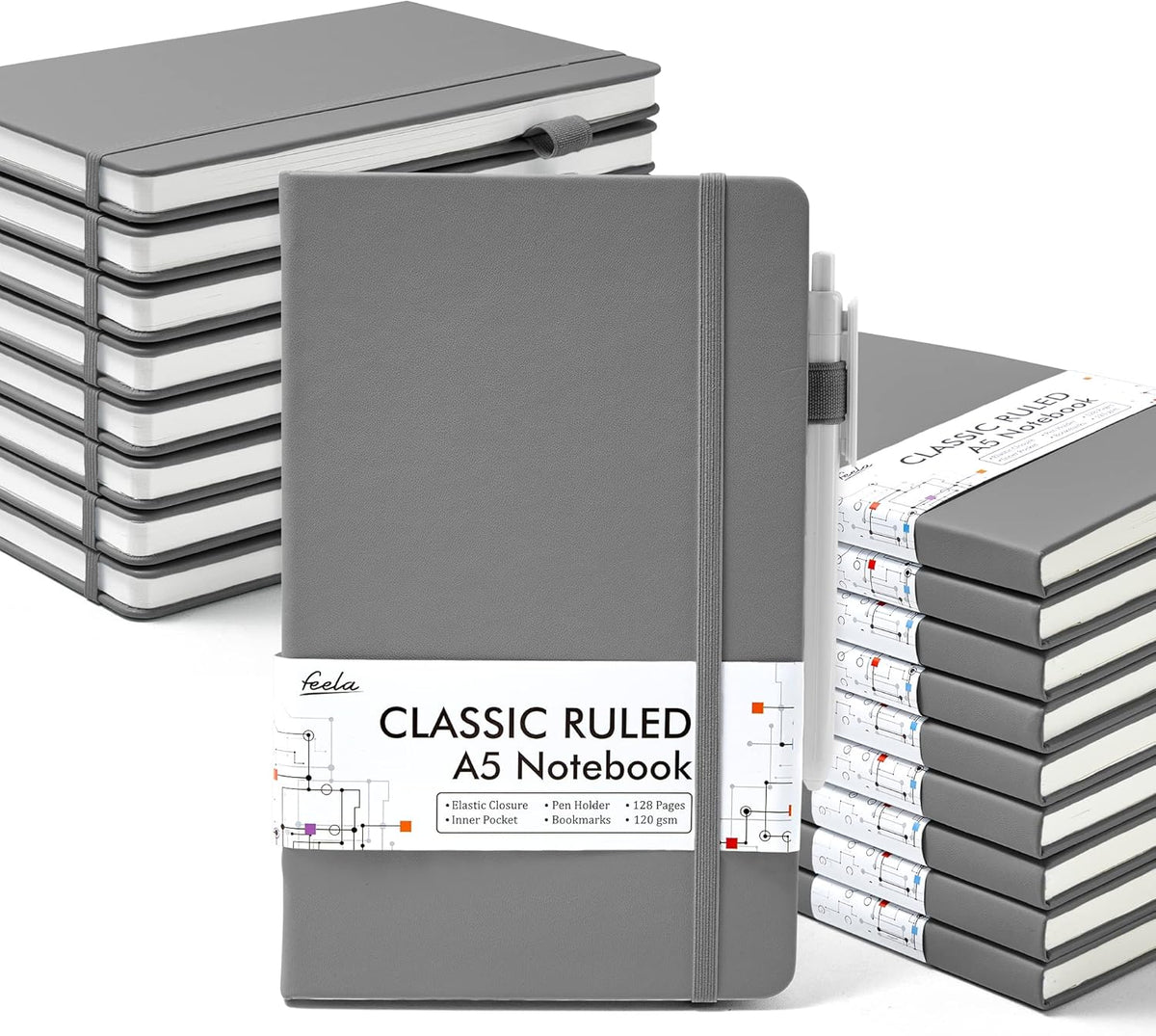 feela 18 Pack Journal Notebook for Work, Business Notebook Bulk Hardcover Lined Writing Journal with Pen Holder for Men Women Note Taking, with 18 Black Pens, 120 GSM, 5.1”x8.3”, A5, Black