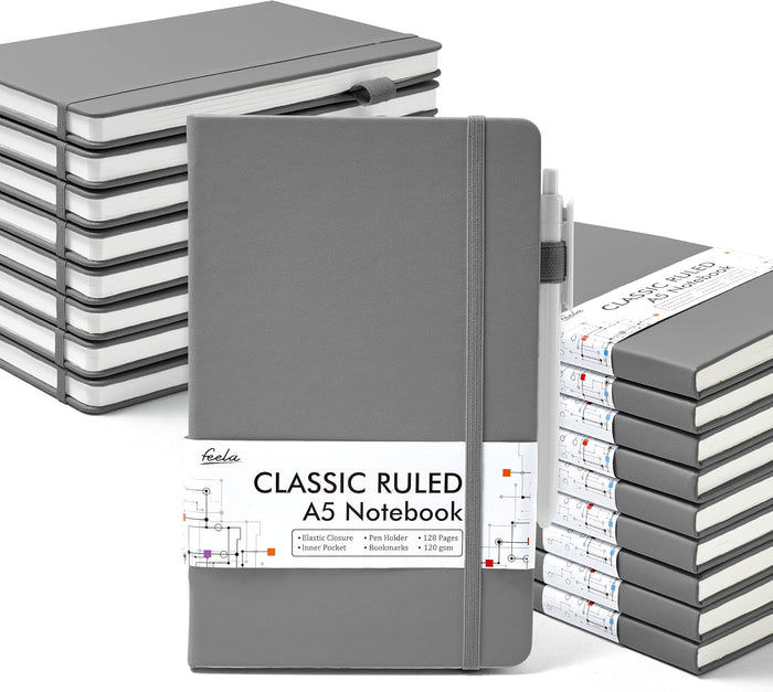 feela 18 Pack Journal Notebook for Work, Business Notebook Bulk Hardcover Lined Writing Journal with Pen Holder for Men Women Note Taking, with 18 Black Pens, 120 GSM, 5.1”x8.3”, A5, Black