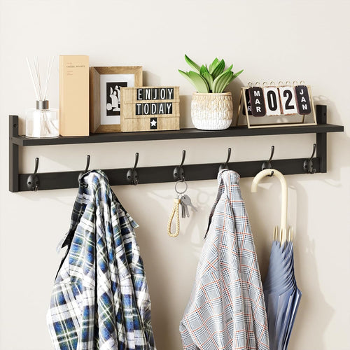 BAMEOS Wall-Mounted Shelf with Hooks - 28.9 Inch Entryway Hanging Shelf with 5 Dual Hooks for Bathroom, Living Room, Bedroom (Black)