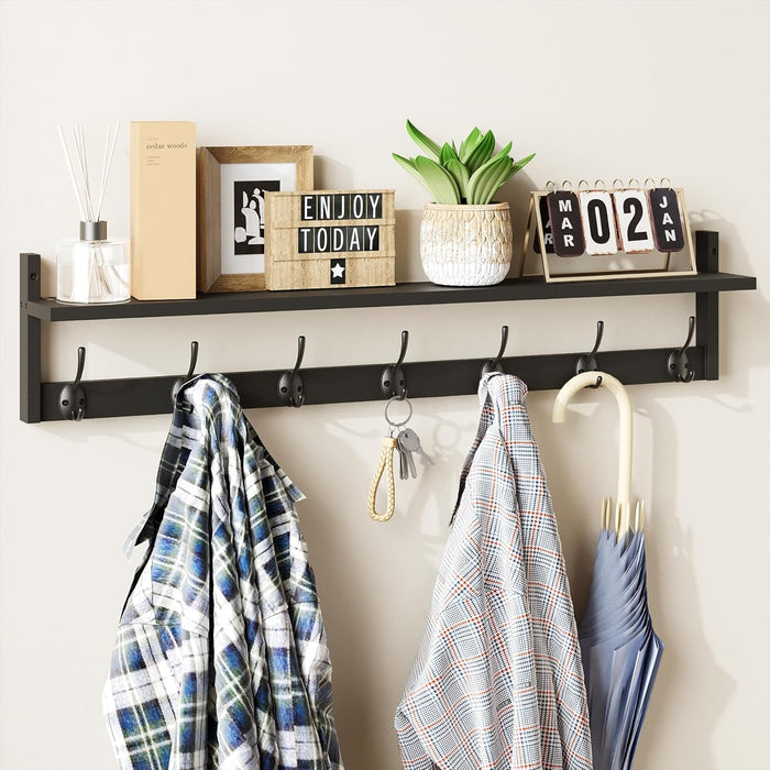 BAMEOS Wall-Mounted Shelf with Hooks - 28.9 Inch Entryway Hanging Shelf with 5 Dual Hooks for Bathroom, Living Room, Bedroom (Black)