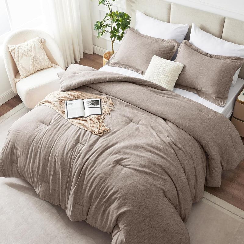 CozyLux King Size Comforter Set - 3 Pieces Beige Soft Luxury Cationic Dyeing Bedding Comforter for All Season, Breathable Lightweight Fluffy Boho Bed Sets with 1 Comforter and 2 Pillow Shams