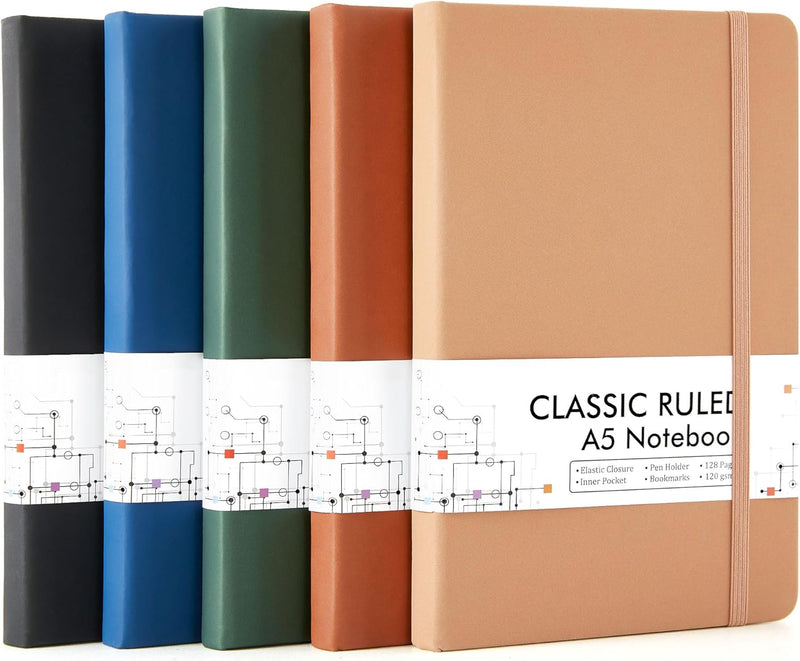 feela 5 Pack Notebooks Journals Bulk, Hardcover Classic Ruled Lined Journals with Pen Holder for Women Girls School Business Supplies, with 5 Black Pens, 120 GSM, 5.1”x8.3”, A5, Mild Colors