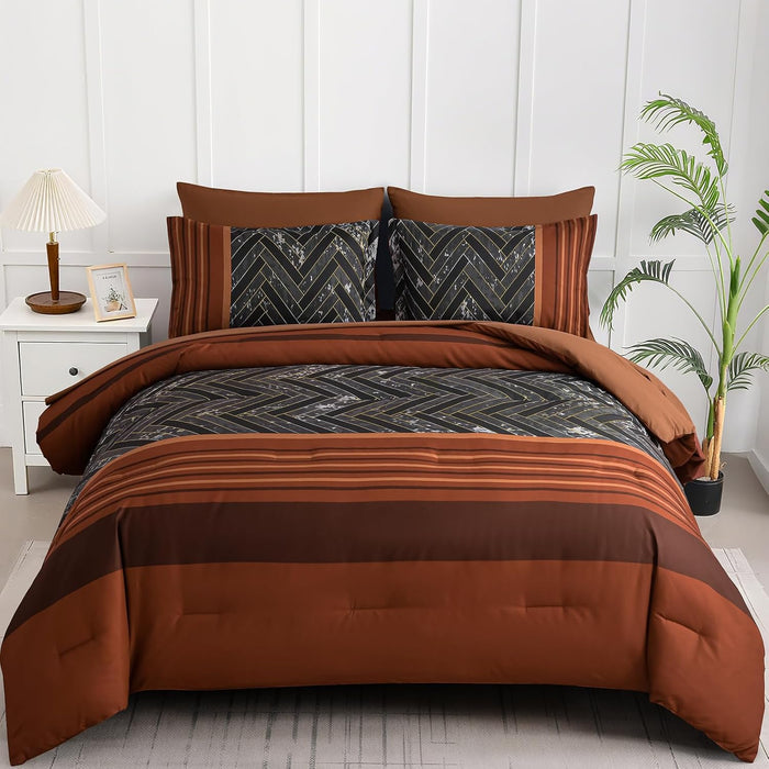 Luxudecor Burgundy Comforter Set Queen Size 7 Pieces Red and Black Stripe Bed in a Bag Geometric Comforter and Sheet Set, Soft Microfiber Complete Bedding Sets for All Seasons