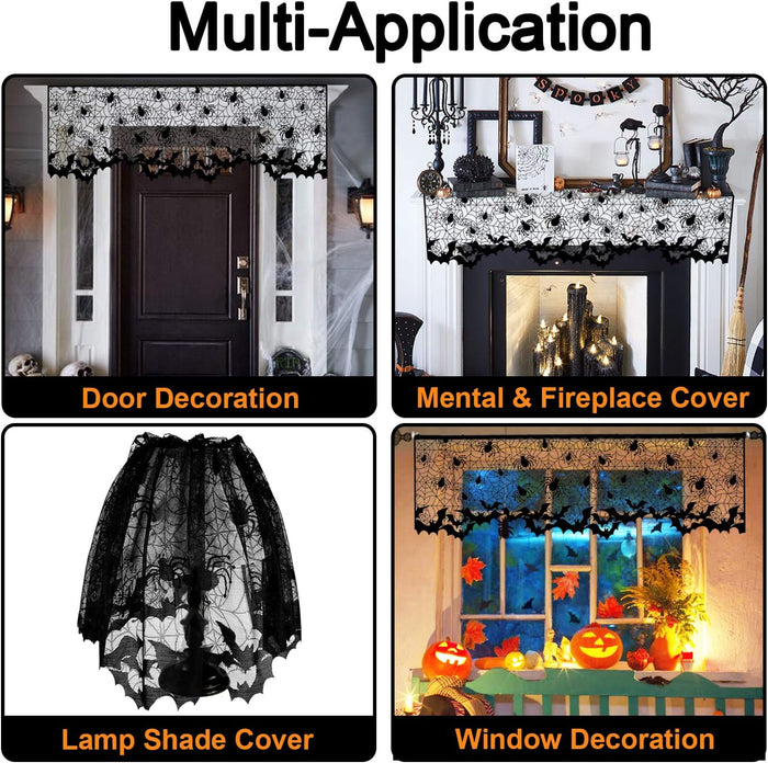 3Pcs Halloween Lamp Shade Cover Decoration, Black Lace Ribbon Spider web Lampshades Cover Topper Scarf for Festive Party Indoor Decor Supplies, Large 20 X 60 Inch Spiderweb Lamp Shade Cover