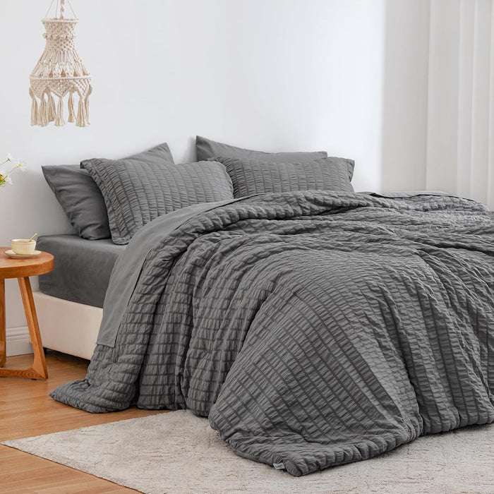 Love's cabin Seersucker Terracotta King Size Comforter Set 7 Pieces, All Season Bedding Set, King Bed in a Bag Comforter Set with Comforter, Flat Sheet, Fitted Sheet, Pillowcase and Pillow Sham
