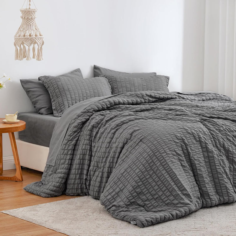Love's cabin Seersucker Terracotta King Size Comforter Set 7 Pieces, All Season Bedding Set, King Bed in a Bag Comforter Set with Comforter, Flat Sheet, Fitted Sheet, Pillowcase and Pillow Sham