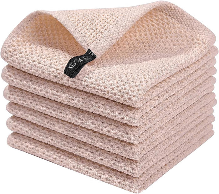 Honeycomb Cotton Dish Cloths 6 Pack,12x12 Inch – Super Absorbent, Quick-Dry & Reusable Kitchen Cleaning Cloths, Lint-Free Washable Towels for Dishes, Glass & Household Use(White)