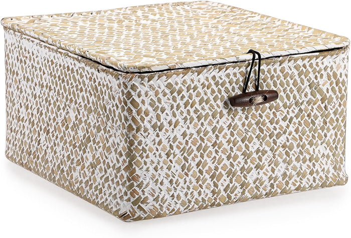 Hipiwe Wicker Shelf Basket Bin with Lid Square Handwoven Seagrass Box Decorative Household Storage Container Multipurpose Organize for Bookshelf Living Room Bathroom, Small Caramel