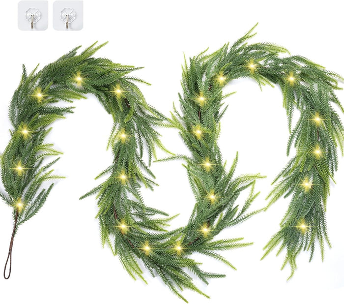 RICHMYC Christmas Garlands Norfolk Pine Garland 6FT 2PCS Artificial Faux Greenery Cedar Garlands Real Touch for Holiday Mantle Home Thanksgiving Fireplace Table Indoor Outdoor Porch Decor