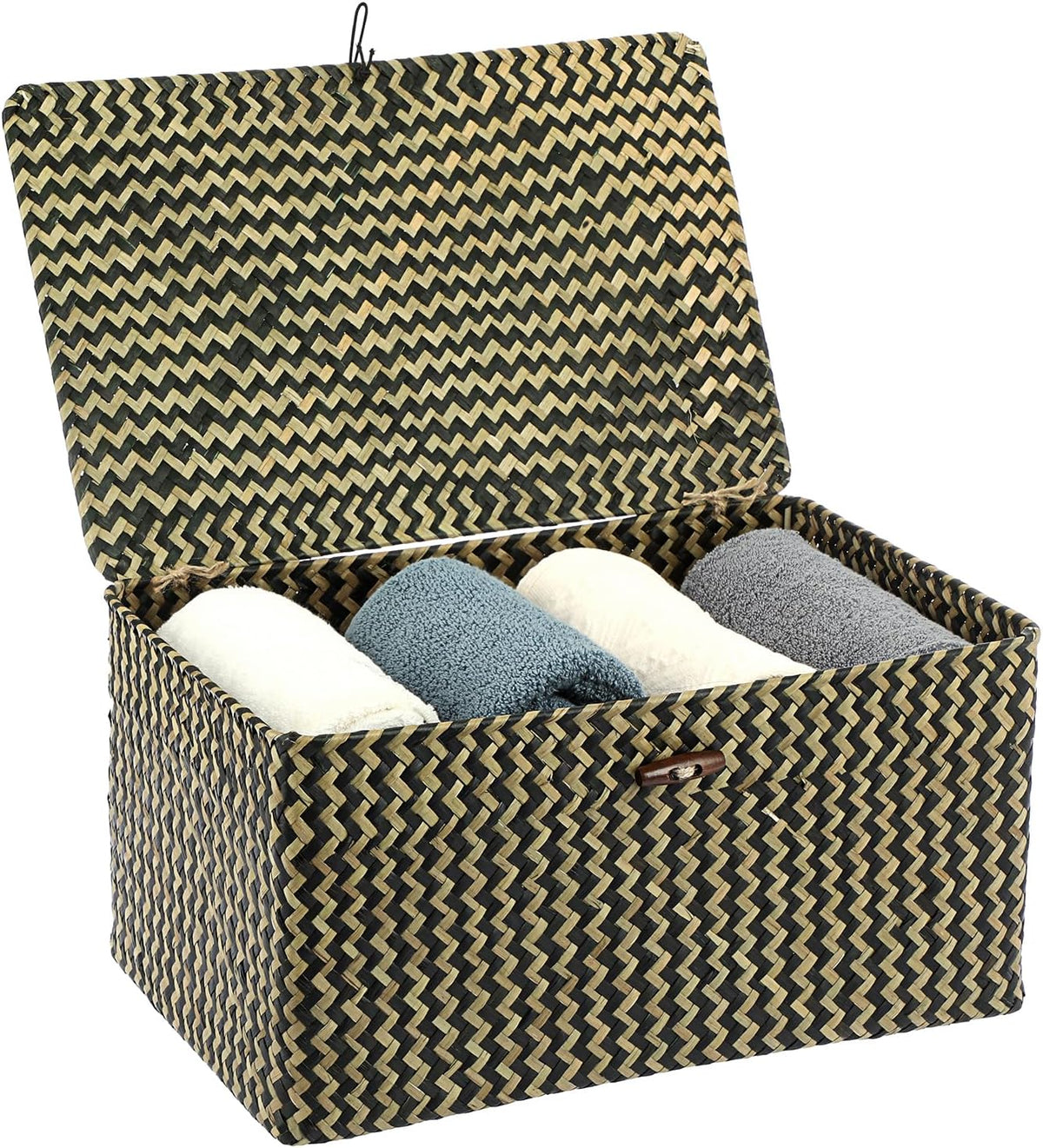 Hipiwe Wicker Shelf Baskets Bin with Lid, Handwoven Seagrass Basket Storage Bins Rectangular Household Basket Boxes for Shelf Wardrobe Home Organizer, Caramel Medium