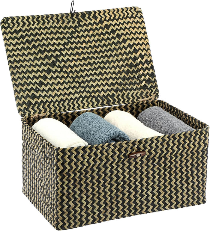 Hipiwe Wicker Shelf Baskets Bin with Lid, Handwoven Seagrass Basket Storage Bins Rectangular Household Basket Boxes for Shelf Wardrobe Home Organizer, Coffee Small