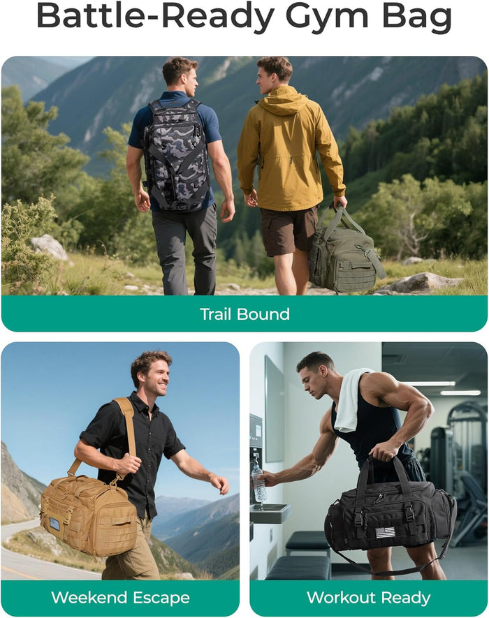 BAGSMART Tactical Gym Bag for Men, 33L Duffle Bag for Travel with Shoe Compartment, 4 in 1 Personal Item Tactical Backpack with 40oz Water Bottle Holder, Desert Khaki