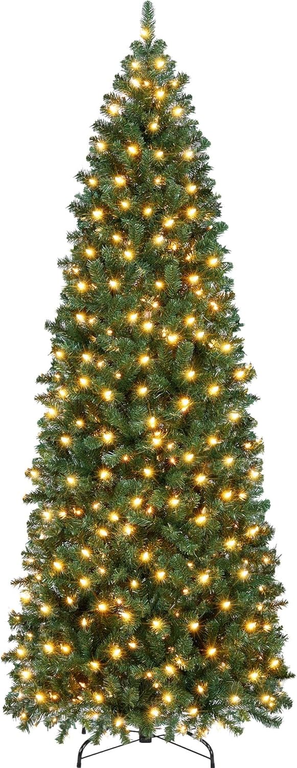 Yaheetech 7.5ft Pre-lit Kingswood Fir Pencil Artificial Hinged Christmas Tree Skinny Corner Xmas Tree with 350 Incandescent Warm White Lights Prelighted Xmas Tree with Foldable Stand, Green
