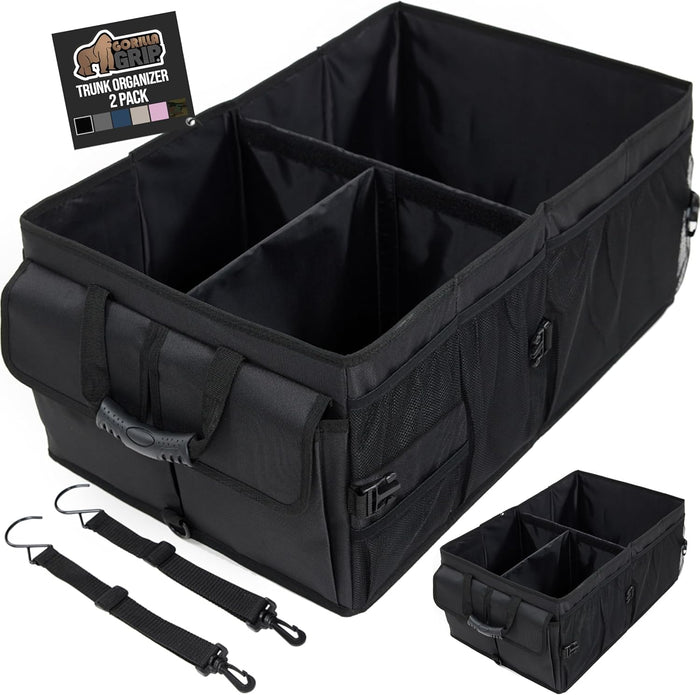 GORILLA GRIP Large Capacity Sturdy Trunk Storage Organizer, Slip and Water Resistant Collapsible Organization Container for Car Sedan or SUV, Multi Compartment Box Vehicle Accessories, Gray