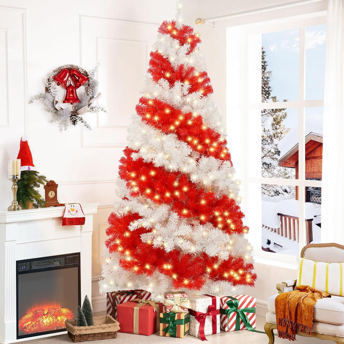 6 FT Candy Cane Artificial Christmas Tree, Red and White Swirl Xmas Tree, Pre Lit Christmas Tree with 380 Warm White Lights, 1200 Tips, 8 Color Modes, Metal Stand