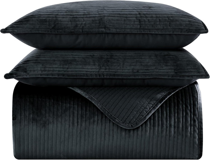 Elegant Comfort Luxury 3-Piece Velvet Corduroy Stripe Quilt Set, Ultra Soft Bedspread - Cozy Velvet Coverlet Set - 3PC Medium Weight Quilted Set with Matching Pillow Shams, Queen, Khaki