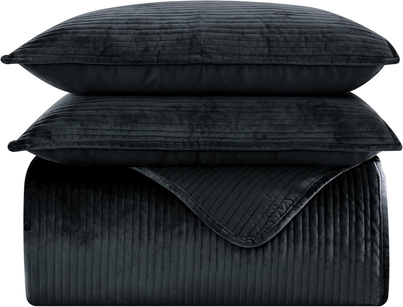 Elegant Comfort Luxury 3-Piece Velvet Corduroy Stripe Quilt Set, Ultra Soft Bedspread - Cozy Velvet Coverlet Set - 3PC Medium Weight Quilted Set with Matching Pillow Shams, Queen, Khaki