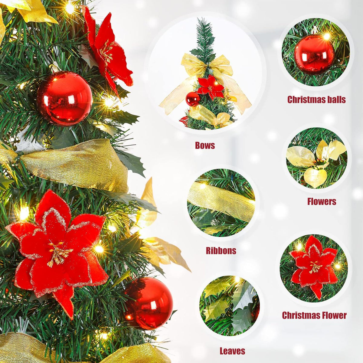 Decoway Pre Lit Pre Decorated Christmas Tree Pop Up Christmas Tree and Warm White LED Lights,Holiday Party Decorations,Red Gold (Yellow, 6 FT)