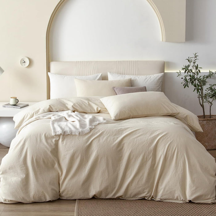 JIYUAN 100% Washed Cotton Duvet Cover Set 3 Pieces Queen, 1 Duvet Cover 90x90 Inches(Comforter Not Included) and 2 Pillowcases,Linen Feel Bedding Set Comfy and Breathable, Heathered Green