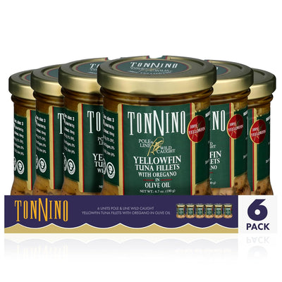 Tonnino Tuna Fish Yellowfin Pole&Line – Oregano – Pack of 6 – Alternative to Salmon – Protein Snacks – Ready to Eat Meals in Jar