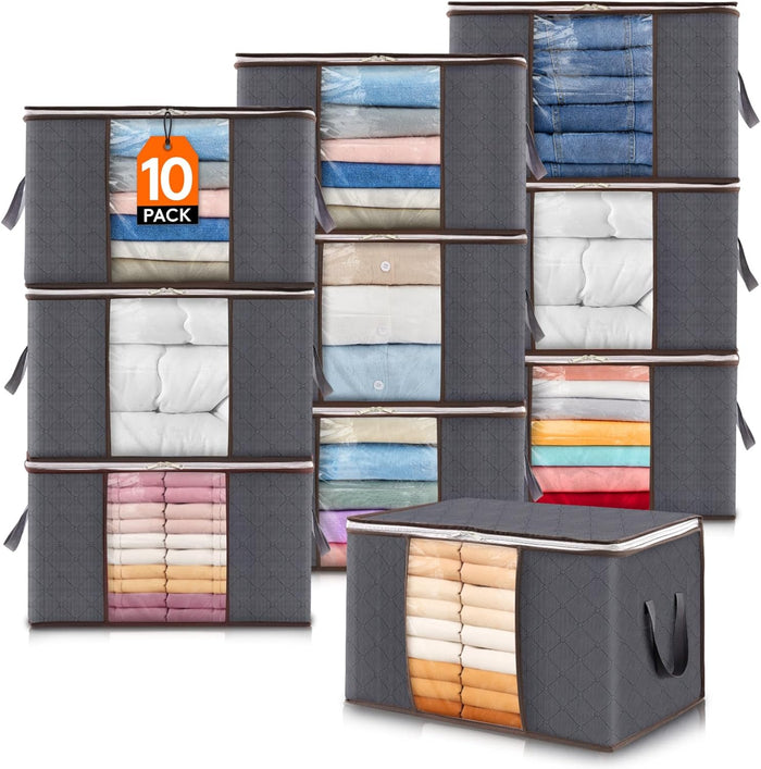 Lifewit 6 Pack Clothes Storage Bins with Lids, Foldable Blanket Storage Bags with Zippers, Clear Window and Reinforced Handles, Closet and Organization for Clothing, Sweater, Comforter, Bedding, Gray