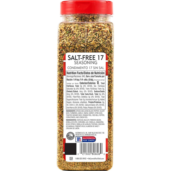 Lawry's Salt Free 17 Seasoning, 20 oz - One 20 Ounce Container of 17 Seasoning Spice Blend Including Toasted Sesame Seeds, Turmeric, Basil and Red Bell Pepper for Seafood Poultry and Beef