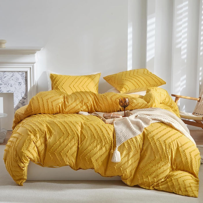 WARMDERN White Boho Duvet Cover Set Queen Size, Striped Textured Tufted Bedding Set, 3 Pcs Ultra Soft Washed Microfiber with Zipper Closure (Queen, White)