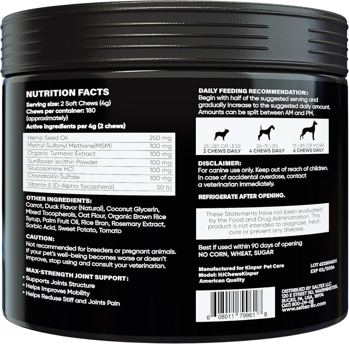 Hemp Joint Supplement for Dogs - Dog Joint Supplement with Glucosamine, Chondroitin, MSM - Supports Hip and Joint Heath, Better Mobility, Skin and Coat - for All Breeds and Ages - 180 Dog Chews, Duck