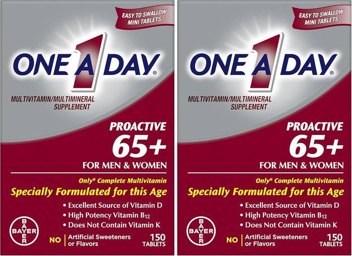 One A Day Proactive 65+, Mens & Womens Multivitamin, Supplement with Vitamin A, C, D, and Zinc to Support Bone Health & Cell Health, Calcium, Folic Acid, Tablet 150 Count