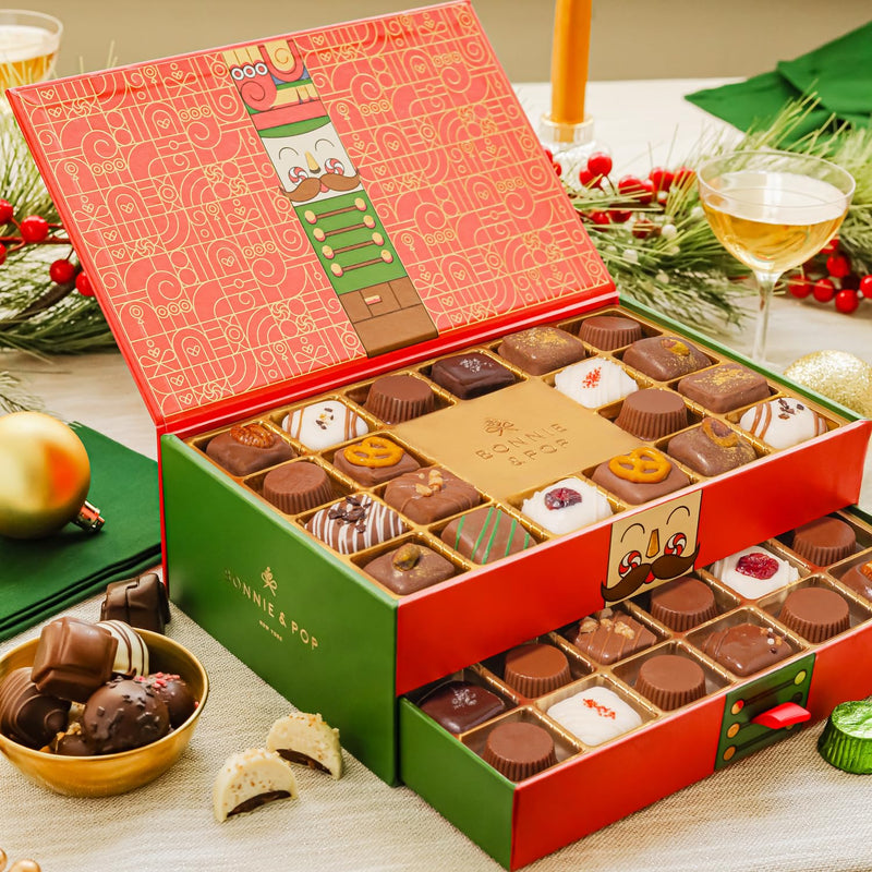 Chocolate Gift Basket, Candy Food Gifts, Gourmet Snack Box, Holiday Present Idea, Corporate Him & Her, Men, Women, Two-Tier Box with Assorted Belgian Truffles, 10+ Flavors, Bonnie and Pop (Red)