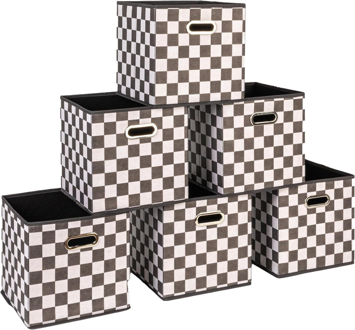 Household Essentials Fabric Storage Cube Bins, 6 Piece Set, Strong Poly-Woven Fabric, Chipboard Sides, Grommet Front Handle, Stackable and Foldable, Classic Design, Dark Green