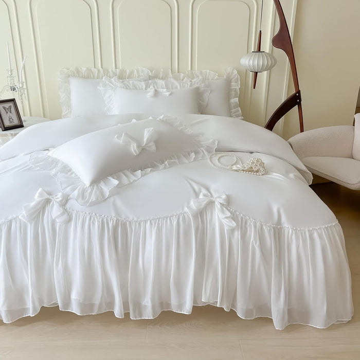 Ruffled Bedding Bow Duvet Cover Set with Butterfly Tie, Full Comforter Cover Set, Shabby Chic Bedding Set,Romantic French Princess Style -Yellow,Full