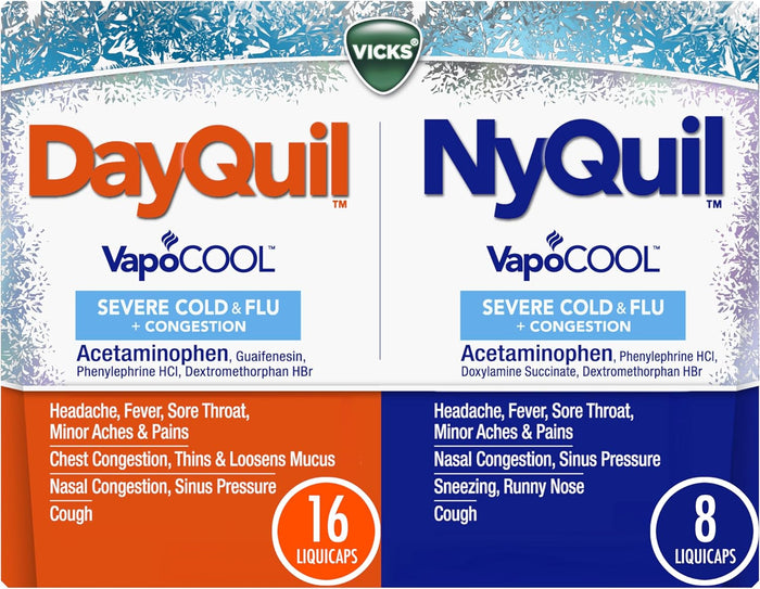 VICKS DayQuil & NyQuil SEVERE Co-Pack, Cold & Flu Medicine, Powerful Relief for Headache, Fever, Sore Throat, Minor Aches & Pains, Congestion, Sinus Pressure, Stuffy Nose, and Cough, 48 LiquiCaps